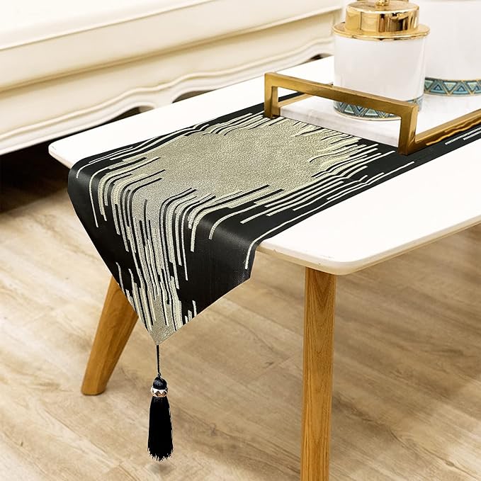 Elegant Black Table Runner, Modern Abstract Geometric, Tassels | Table Runners by Jiino