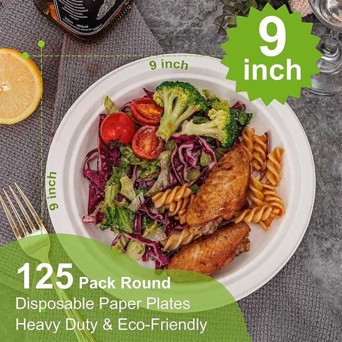 WELLIFE Paper Plates 9 Inch 125-Pack Heavy Duty Paper Plates Bulk | 100% - Image 2