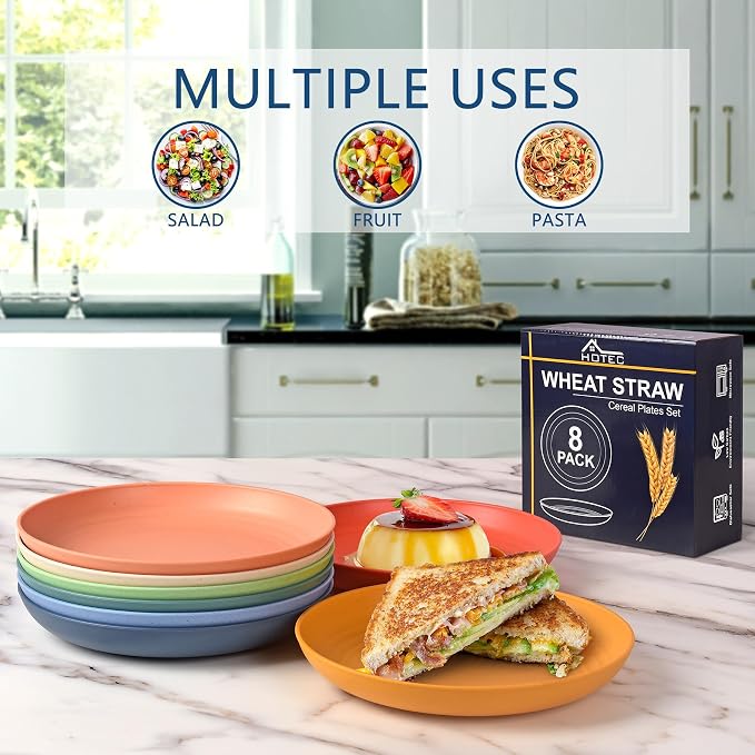 HOTEC 8-Pack 8inch BPA Free Unbreakable Deep Plastic Plates, Wheat Straw - Image 7