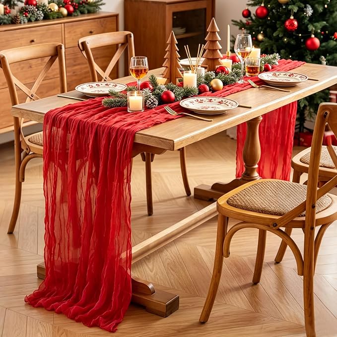 3Pcs Red Table Runner, 10FT Rustic Gauze Red Table Runner 35*120inch Boho Table - Image 6