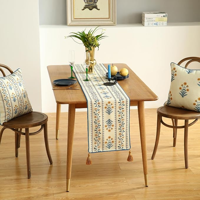 Designer French Linen Table Runner, Pale Yellow Floral Pattern, Dining Table - Image 9
