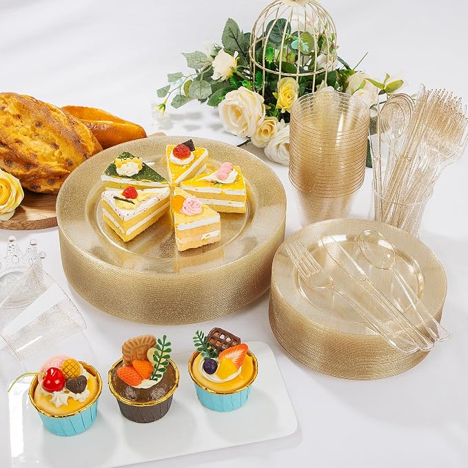 WELLIFE Gold Glitter Disposable Plates, Dinnerware Set - Image 4