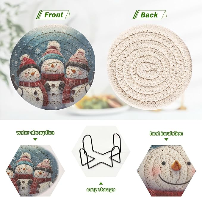 YETTASBIN Christmas Snowman 6 Pcs Drink Coasters - Image 4