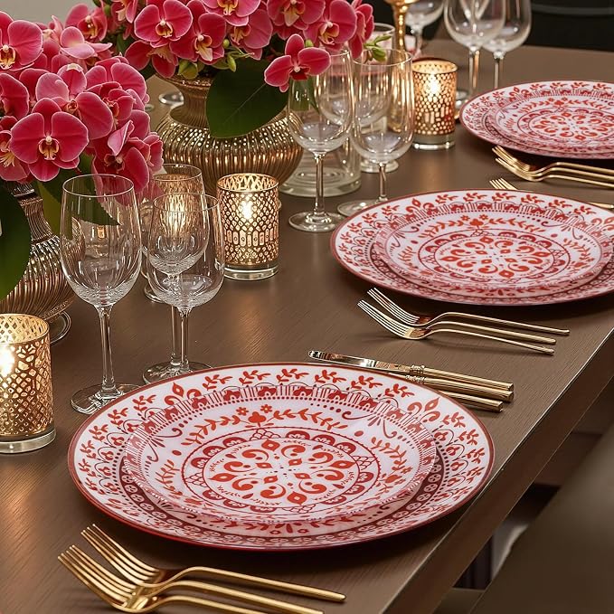 Red Plastic Plates, Floral Disposable Plates, 10.25" dinner & 7.5" dessert - Image 2