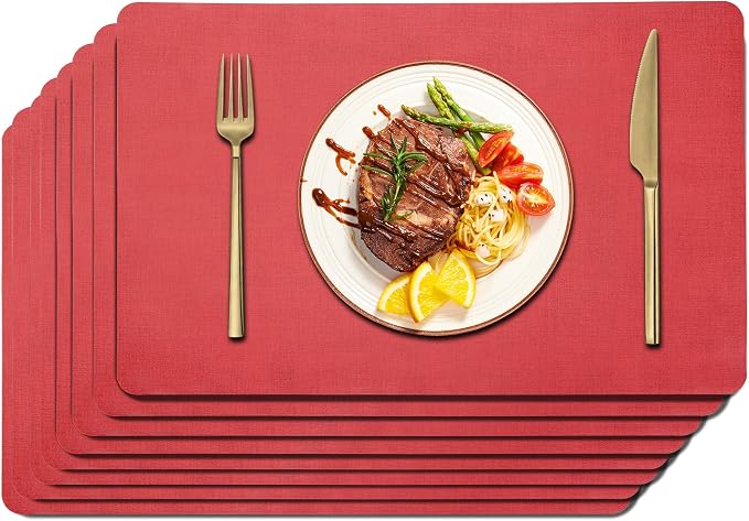 Maxpearl Faux Leather Placemats Set of 8, Light Red | Waterproof by Maxpearl