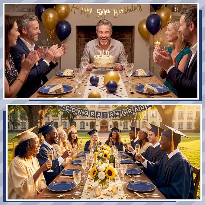 NatNarr 30 Pk Navy Blue Paper Plates 9" Scalloped Blue Gold Party Plates | Cute - Image 5