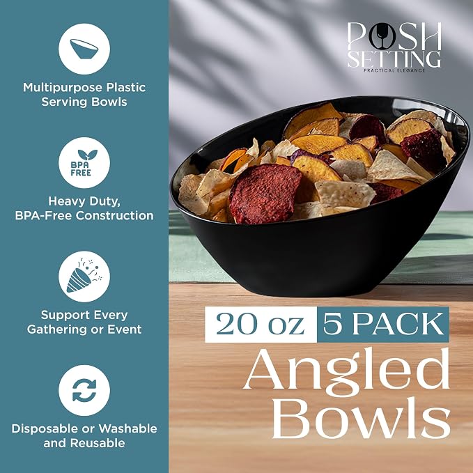 5 Pack Black Angled Plastic Serving Bowl Disposable - Image 2
