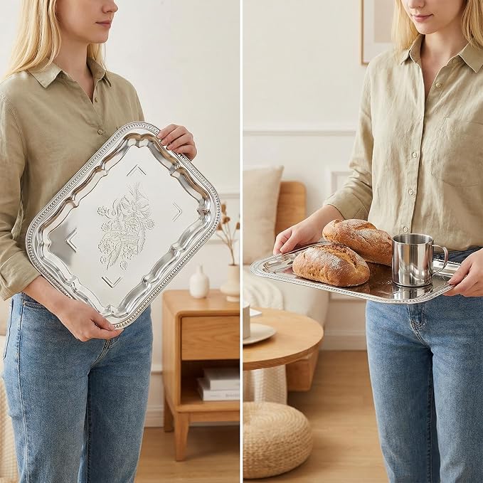 4 Pcs Large Silver Serving Trays, 15.7" x 11.8" Stainless Steel Rectangle - Image 3