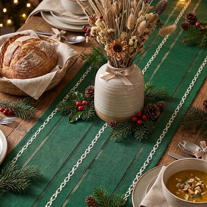 Artoid Mode Green Rustic Cotton Linen Christmas Table Runner, Seasonal - Image 3