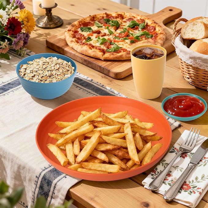 Wheat Straw Dinnerware Sets, Unbreakable Plates and Bowls Sets of 16, Kids - Image 7