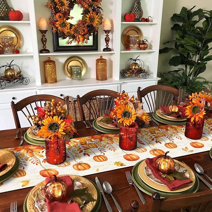 Orange Pumpkin Fall Table Runner 90 Inches Long, Thanksgiving Maple Eucalyptus - Image 6