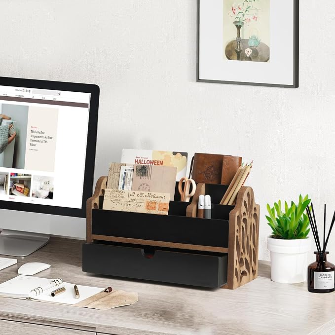 Desk Organizer with Drawer Wood File Office Mail Organizer Countertop | 5 Slot - Image 2