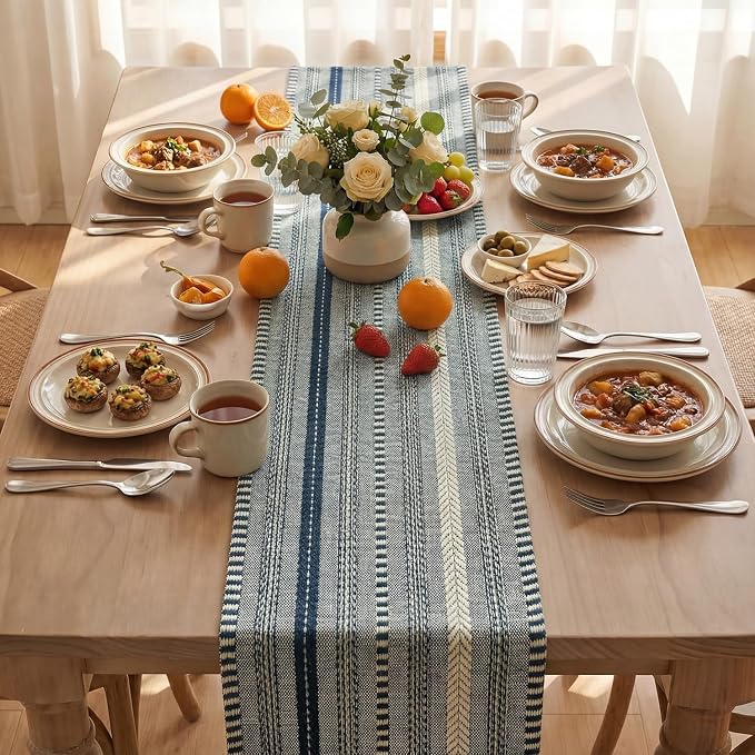 Artoid Mode Dark Blue Farmhouse Stripe Braided Table Runner 12x108 Inch | - Image 3