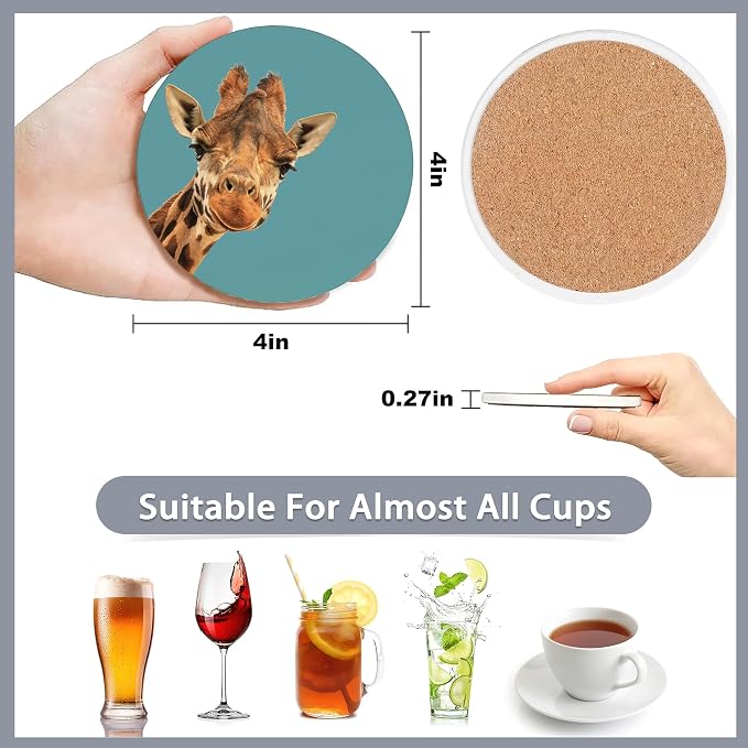 6 Pcs Coasters for Drinks with Holder, Funny Giraffe Absorbent Coaster with - Image 2