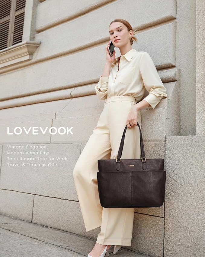LOVEVOOK Work Tote Bag for Women, Retro Leather 17.3 Inch Laptop Bag - Image 2