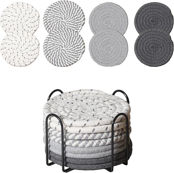 Drink Coasters Set of 8 with Holder, Cotton Woven | Absorbent cotton woven by Unknown