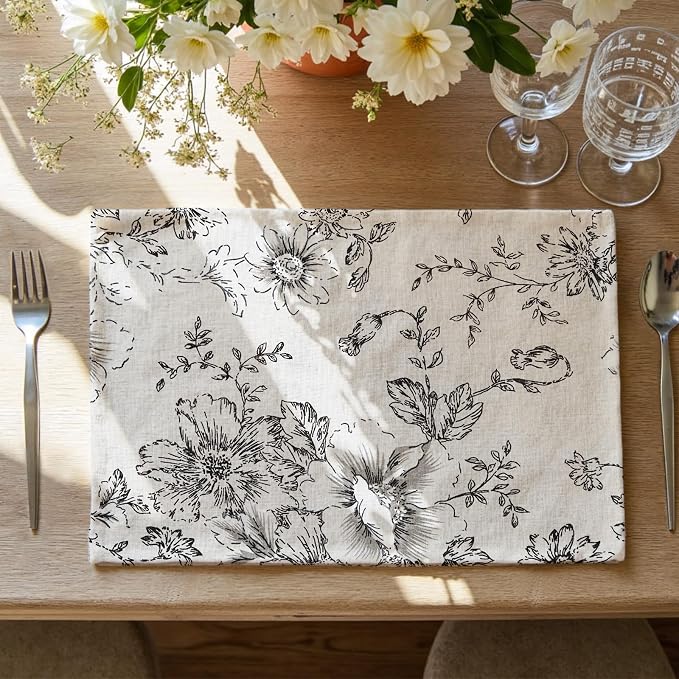 JINCHAN Alice Linen Floral Placemats Set of 4 Farmhouse 13x19 Inch Black | by JINCHAN