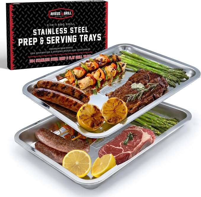 AVIEUS Grill Prep and Serving Trays | Set of 2 Stackable Stainless Steel Trays by BlazinGrill