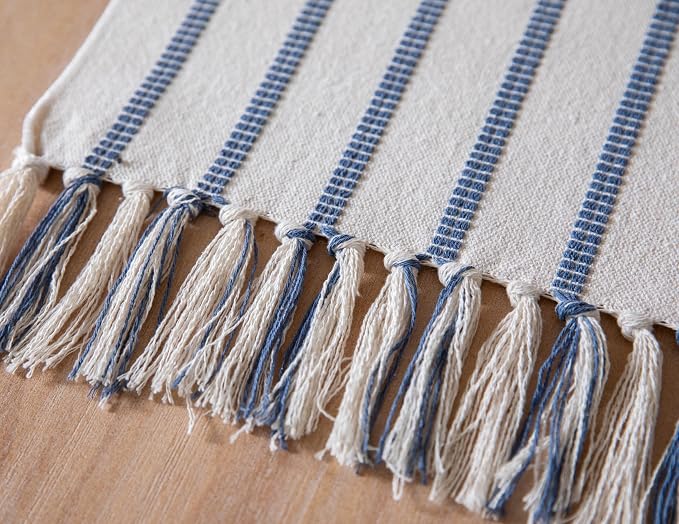 Caflife Boho Table Runner 108 Inchs Long Blue and Beige, Cotton and Linen Woven - Image 4