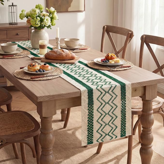 Artoid Mode Forest Green Stripe Diamond Woven Table Runner 12x120 Inch | - Image 5