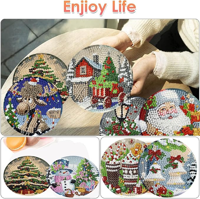 ijbnhd 8 PCS Christmas Diamond Art Coasters Kit 4X4inch | Christmas Diamond - Image 2