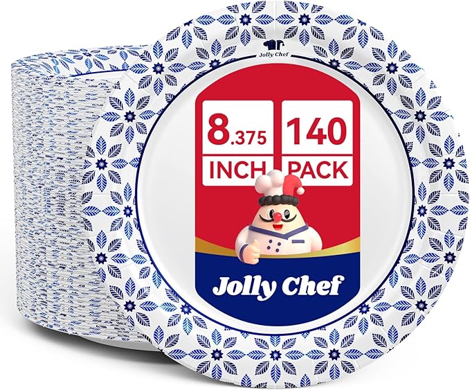 8.37 inch Disposable Paper Plates 140 Count Soak Proof, Cut Proof, Heavy Duty by JOLLYCHEF