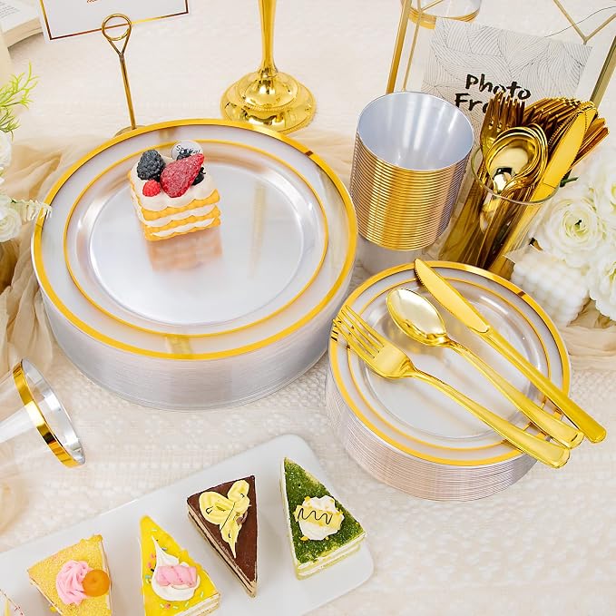 WELLIFE Clear and Gold Plastic Plates, Dinnerware Set - Image 3