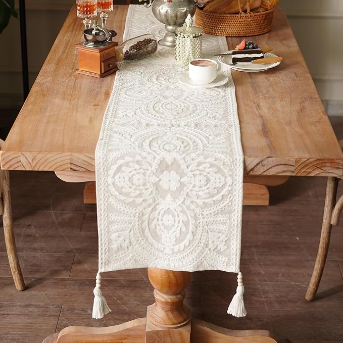 Table Runner Embroidered Farmhouse Dresser Scarf, 4 Tassel Pendants, - Image 3