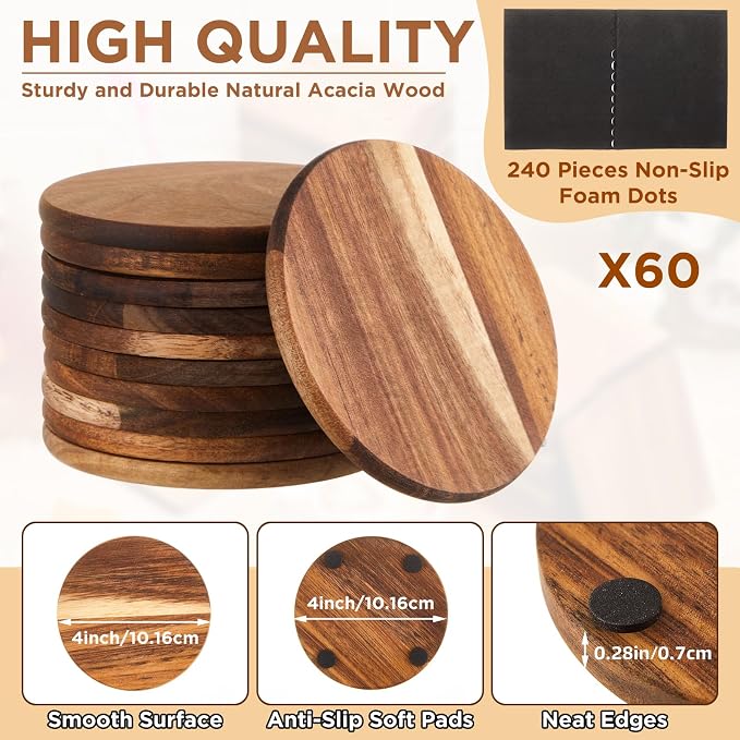 72 Pcs Unfinished Acacia Wood Coasters Bulk, 4 Inch Round Wooden Coasters - Image 2