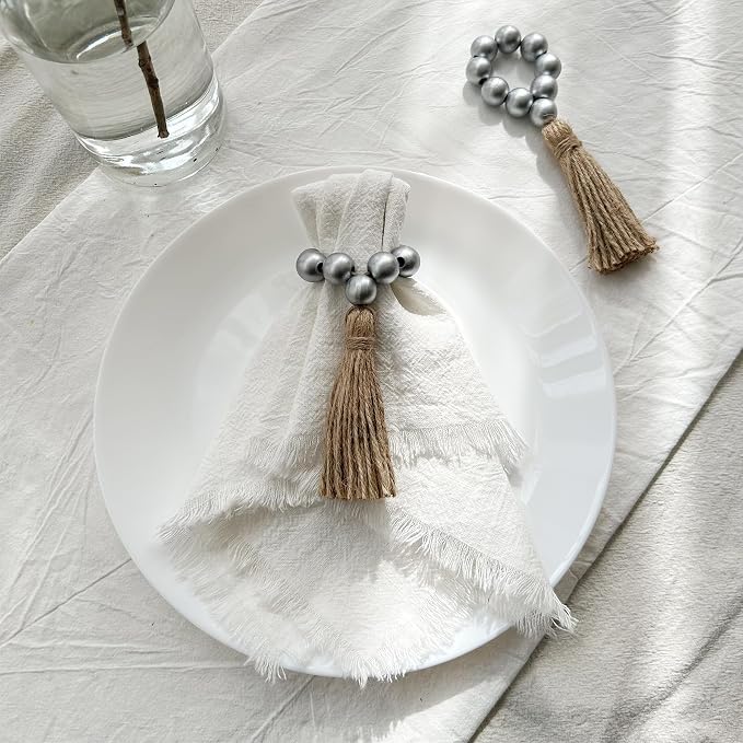 Napkin Rings Set of 12, Wooden Napkin Rings, Wood Bead Elastic Farmhouse Napkin - Image 2