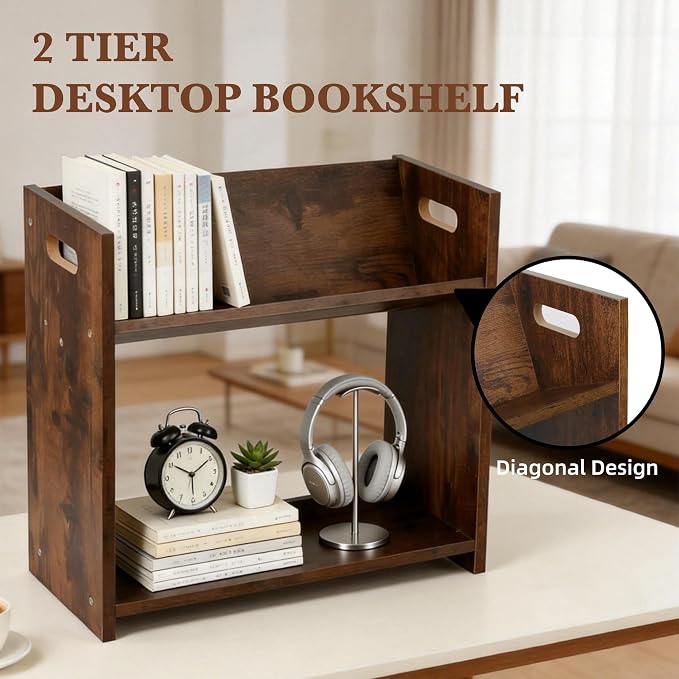 Desktop Bookshelf, 2 Tier Desk Shelf Organizer, Wood Office Tabletop Bookcase - Image 3