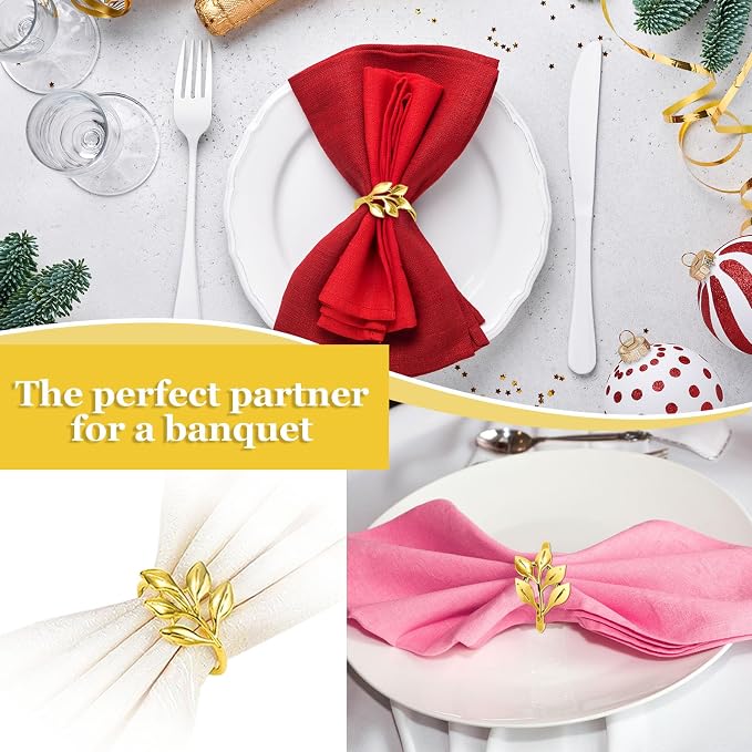 50 Pcs Gold Leaf Napkin Rings Set, Metal Napkin Ring Holders Buckles - Image 6