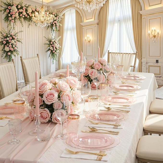 KIRE 210Pcs Clear Pink Plastic Plates - Image 6