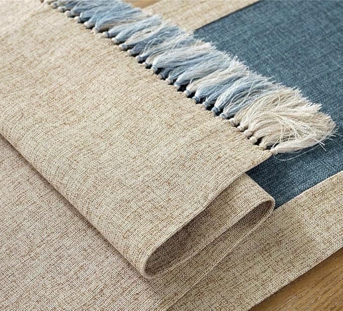 Rustic Table Runner with Fringe 15 x 108 Inches Long Blue | Natural Elegant - Image 5