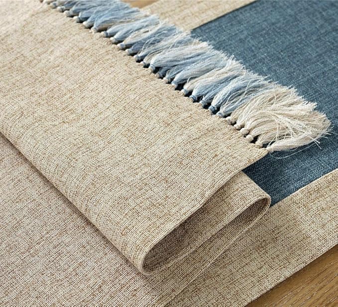 Farmhouse Rustic Faux Linen Dining Table Runner 15 x 79 Inch Blue | Boho Heavy - Image 5