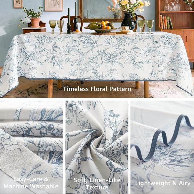 jinchan Blue Floral Linen Rectangle Table Cloth 50 x 70 Inch | Classic floral - Image 3