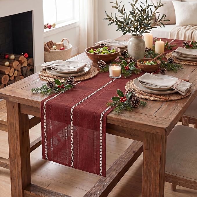 Artoid Mode Red Rustic Cotton Linen Christmas Table Runner, Seasonal - Image 4