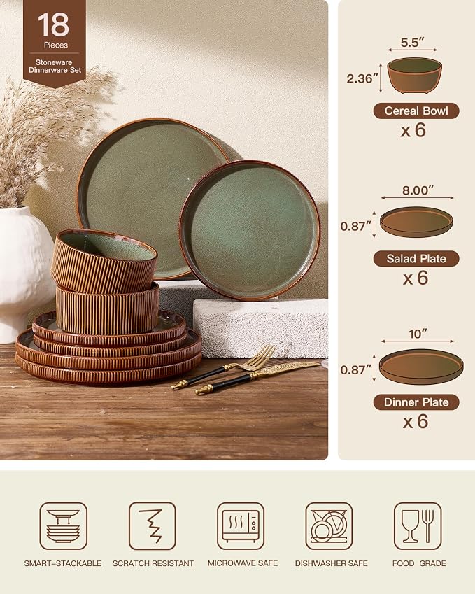 Ceramic Plates & Bowls Sets for 6, Handmade Reactive Glaze | Green Brown - Image 7