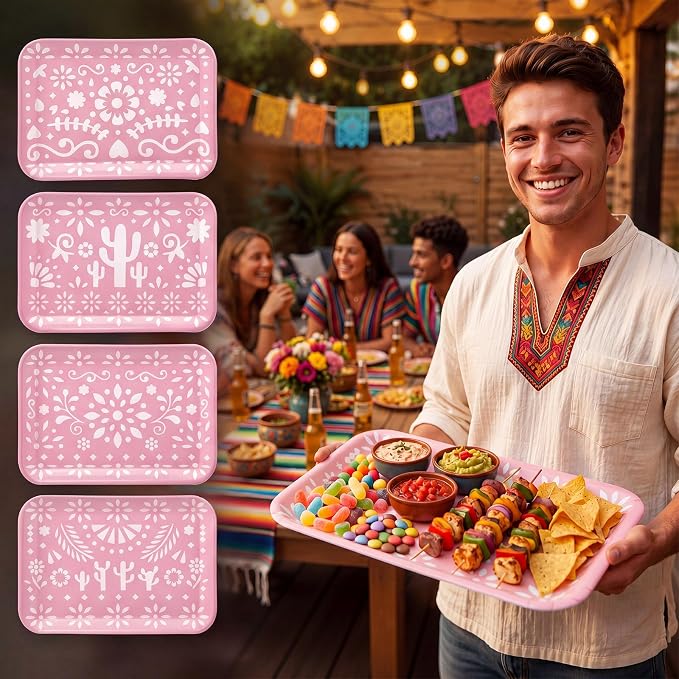 4 Pieces Mexican Serving Trays Pink Fiesta Melamine Platters Reusable Rectangle - Image 5