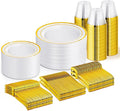 WELLIFE 450 PCS Gold Plastic Plates Set, Dinner & Salad Plates Cups Forks by WELLIFE