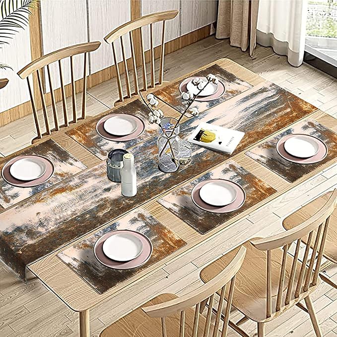 Rust Table Runner and Place Mats Set of 6 Abstract Blue and Brown Metal Steel - Image 4