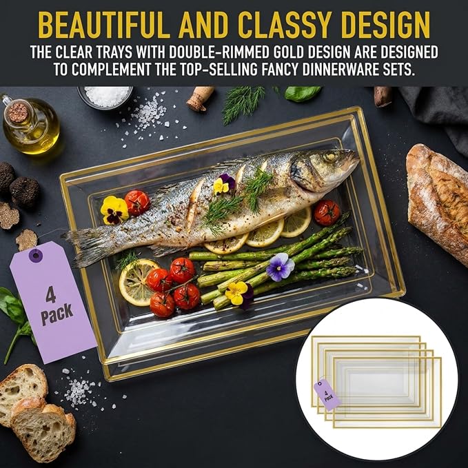 Clear Plastic Serving Tray Clear Gold Rim Disposable Serving Trays & Platters - Image 4