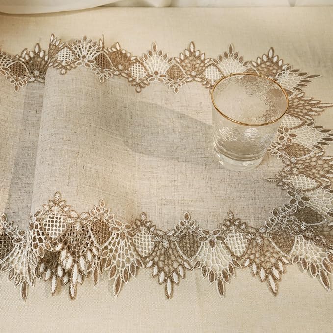 Phantomon Neutral Linen Table Runner 36 Inches Beige Embroidered Runner Lace - Image 4