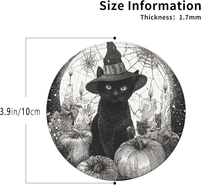Halloween Cat Coasters Leather Round Drink Coasters 6 Pcs Set - Image 4
