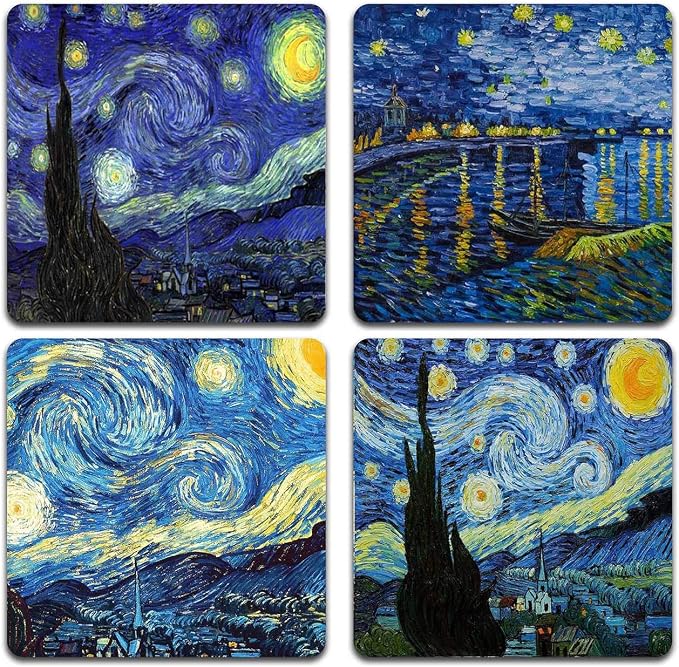 Van Gogh Style Watercolor Painting Square Coaster Set of 4 | Square Coaster Set by QJ+CMJ