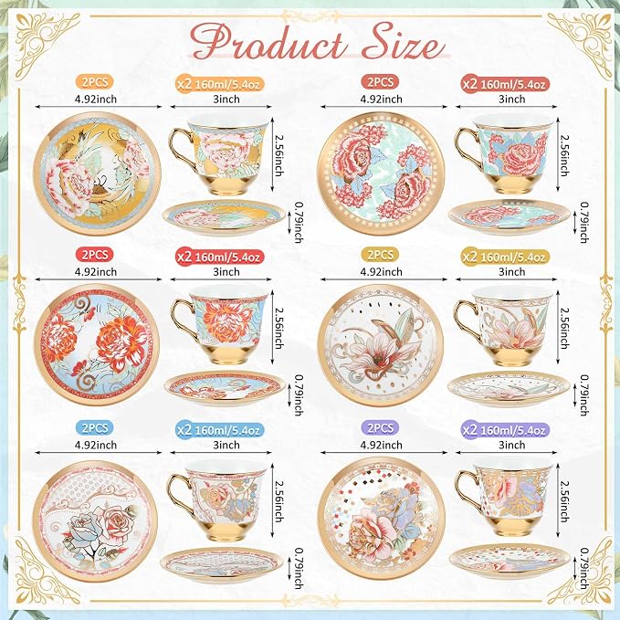 Teenyyou Set of 12 Tea Cups and Saucers Tea Party Decorations Floral Porcelain - Image 2