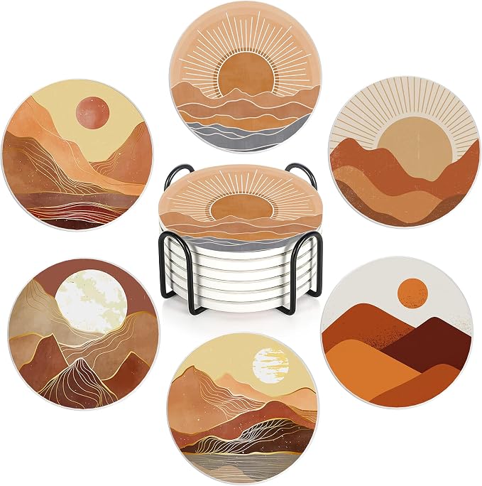 6 Pcs Coasters for Drinks with Holder, Boho Mountain Sun Absorbent Ceramic by Unknown