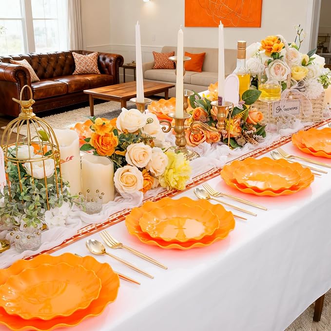 LIYH 50 Pcs Orange Scalloped Plastic Plates, Unbreakable Dishwasher Safe | BPA - Image 7
