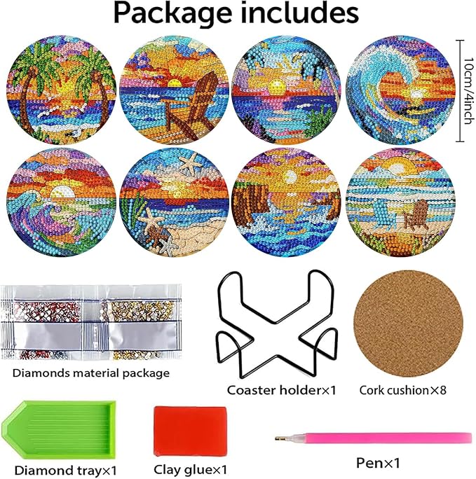 8 PCS Diamond Art Coasters Kits Sunset Beach Diamond Painting Coaster | Diamond - Image 3