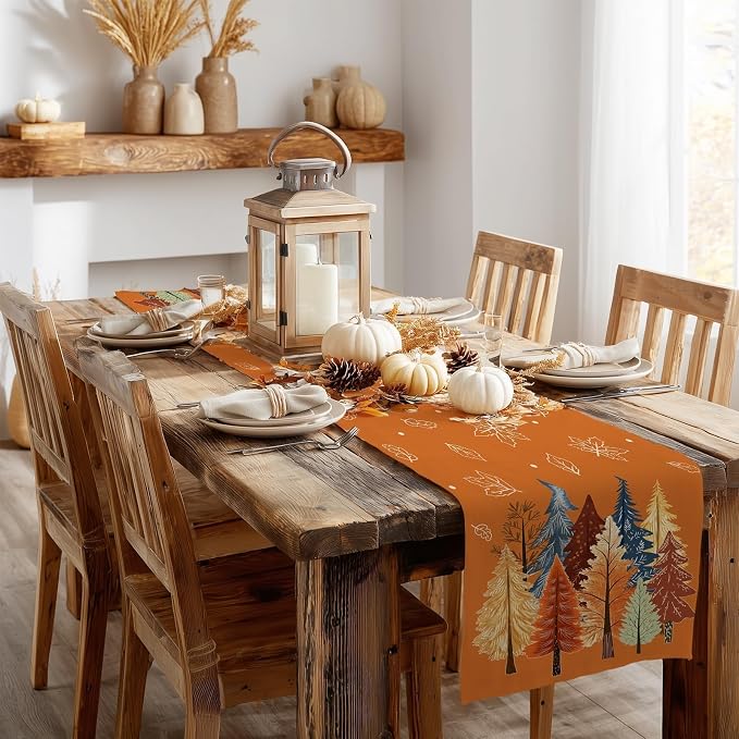 Fall Watercolor Trees & Maple Leaves Table Runner 13x72 Inch, Rustic Farmhouse - Image 7